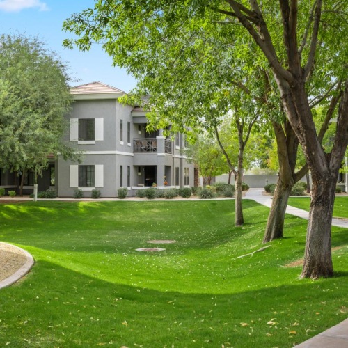 Settle into comfort at Indigo Apartments a large green lawn with trees and buildings