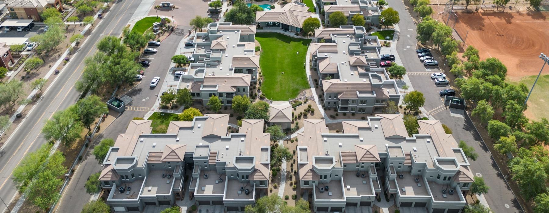 an aerial view of a parking lot